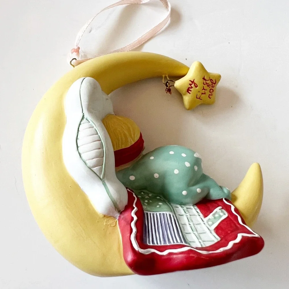 Vintage Silvestri Sleeping Baby Girl Ornament My First Noel Red Bow Moon Holiday